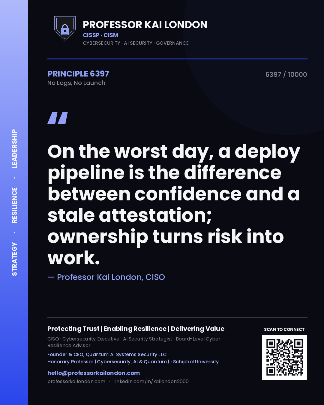 Quote card by Professor Kai London reading 'On the worst day, a deploy pipeline is the difference between confidence and a stale attestation; ownership turns risk into work.'. From the book No Logs, No Launch.