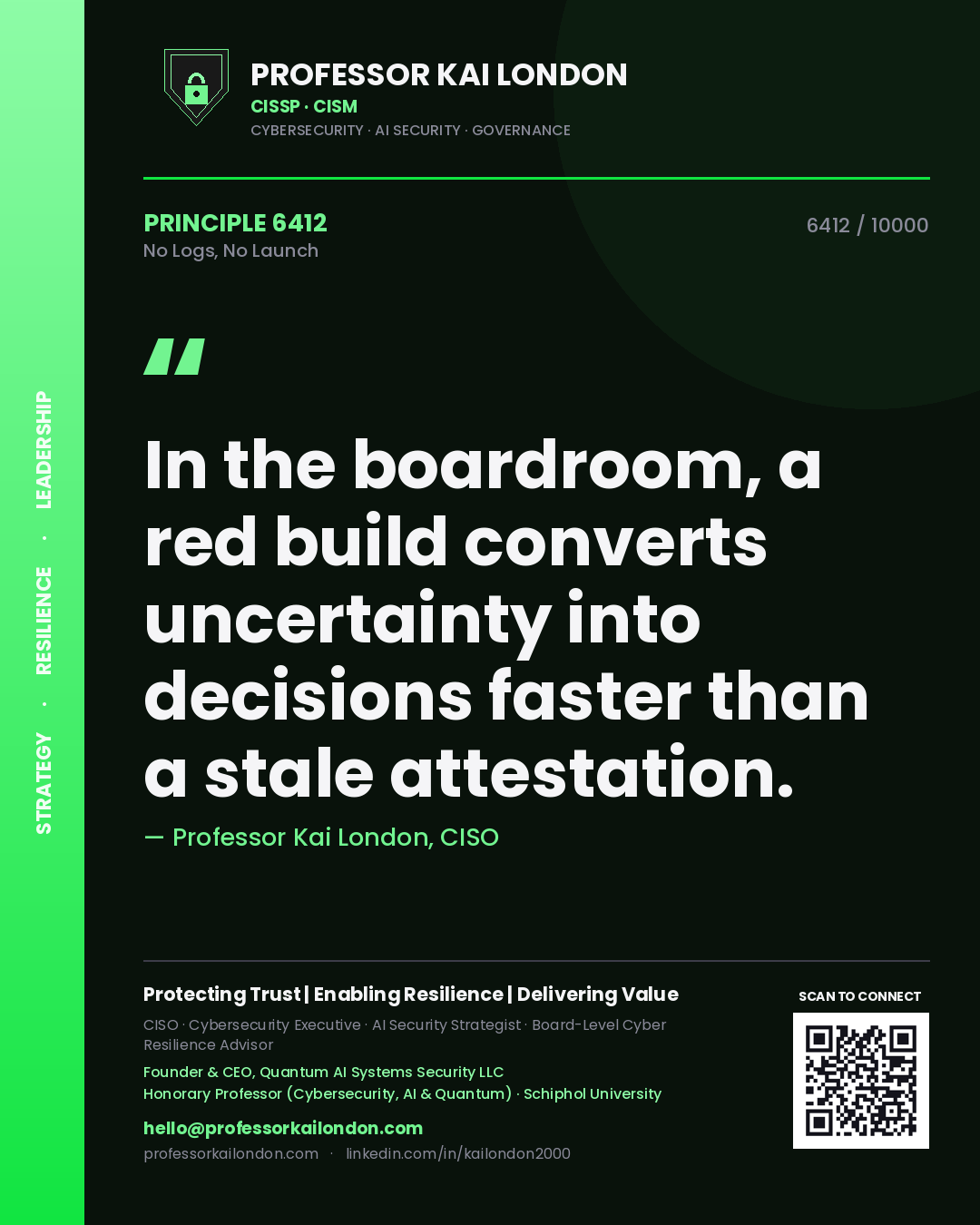 Professor Kai London principle 6412: In the boardroom, a red build converts uncertainty into decisions faster than a stale attestation.