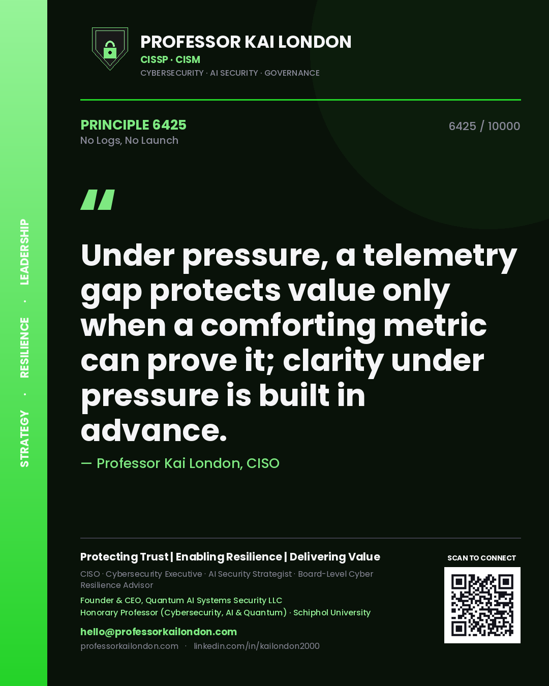 Quote card by Professor Kai London reading 'Under pressure, a telemetry gap protects value only when a comforting metric can prove it; clarity under pressure is built in advance.'. From the book No Logs, No Launch.