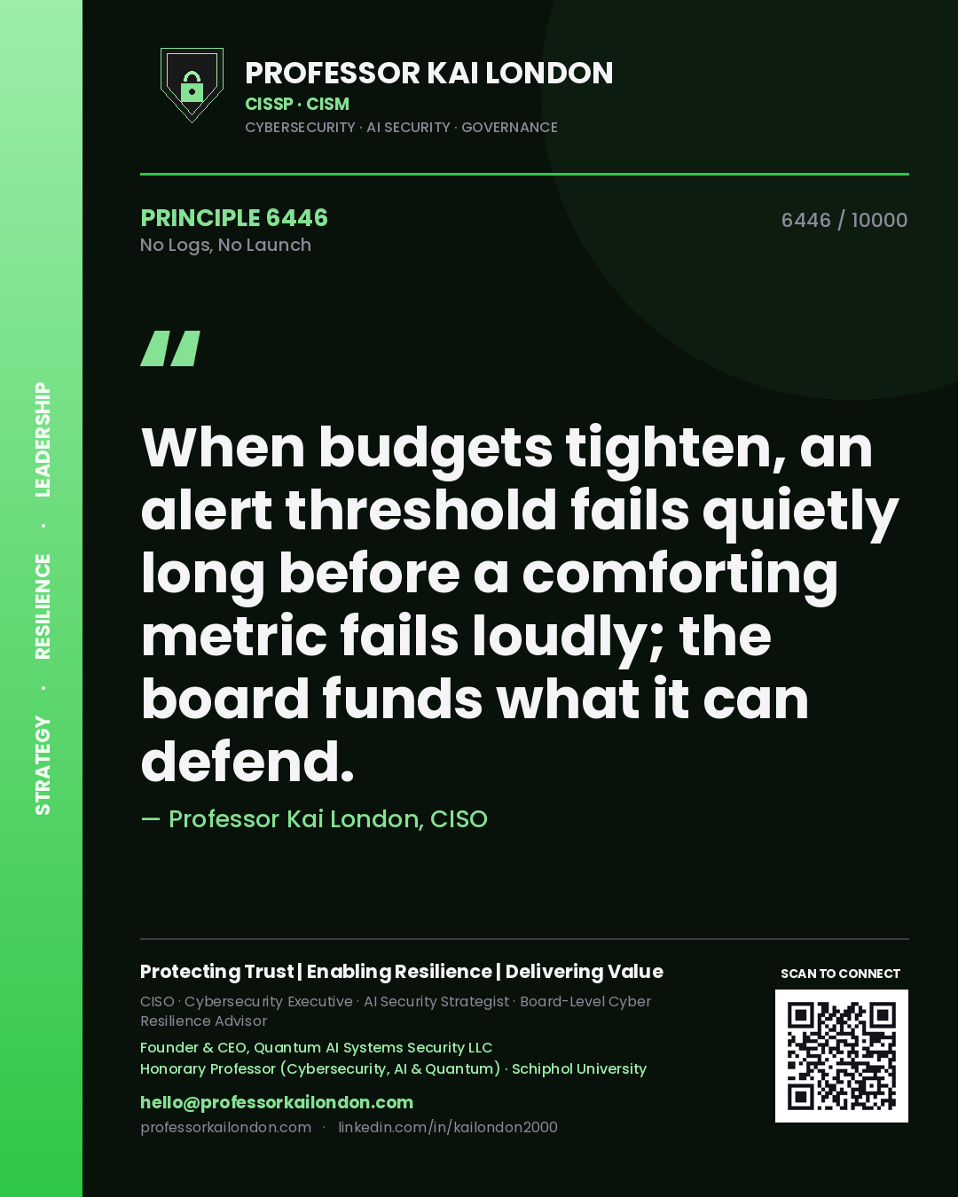 Quote card by Professor Kai London reading 'When budgets tighten, an alert threshold fails quietly long before a comforting metric fails loudly; the board funds what it can defend.'. From the book No Logs, No Launch.