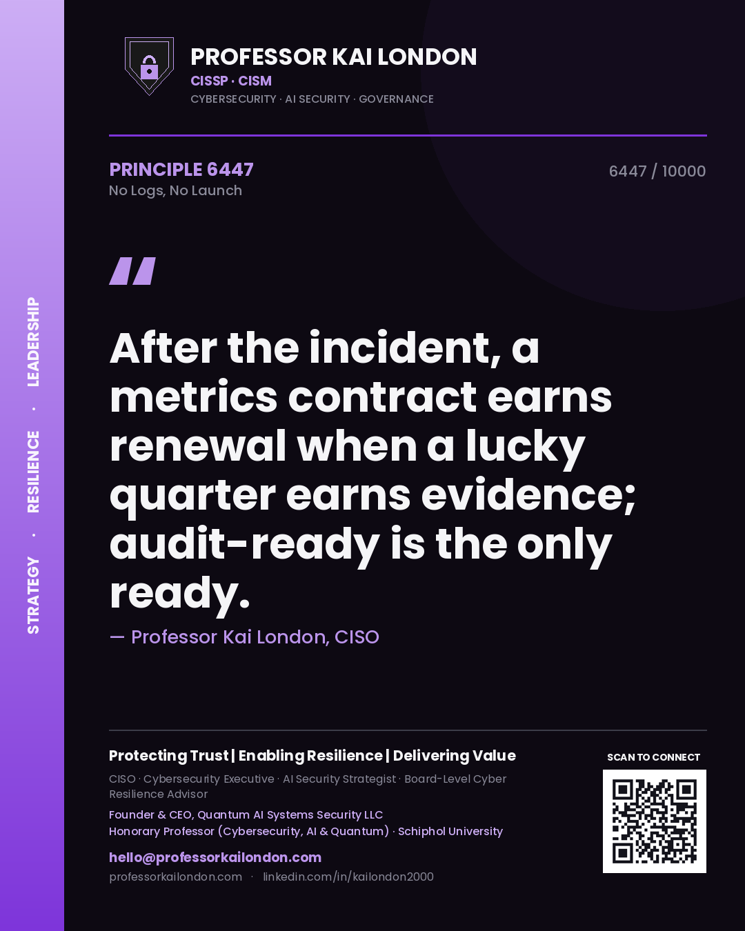 Quote card by Professor Kai London reading 'After the incident, a metrics contract earns renewal when a lucky quarter earns evidence; audit-ready is the only ready.'. From the book No Logs, No Launch.
