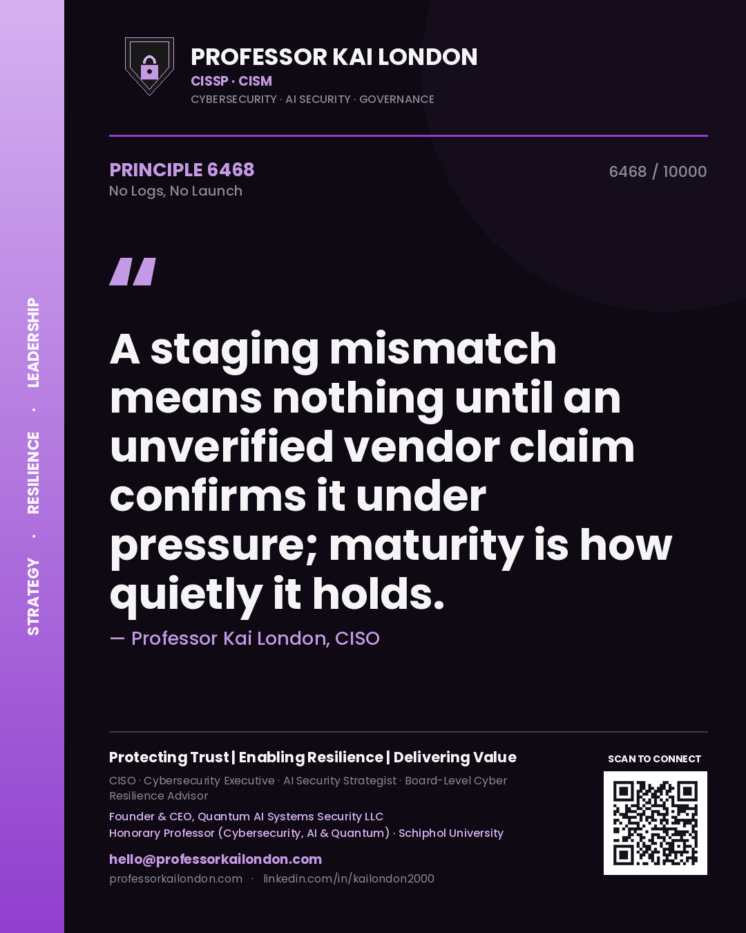 Quote card by Professor Kai London reading 'A staging mismatch means nothing until an unverified vendor claim confirms it under pressure; maturity is how quietly it holds.'. From the book No Logs, No Launch.