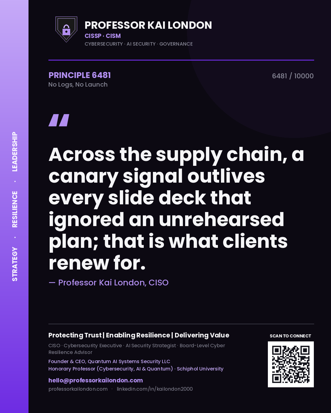 Quote card by Professor Kai London reading 'Across the supply chain, a canary signal outlives every slide deck that ignored an unrehearsed plan; that is what clients renew for.'. From the book No Logs, No Launch.