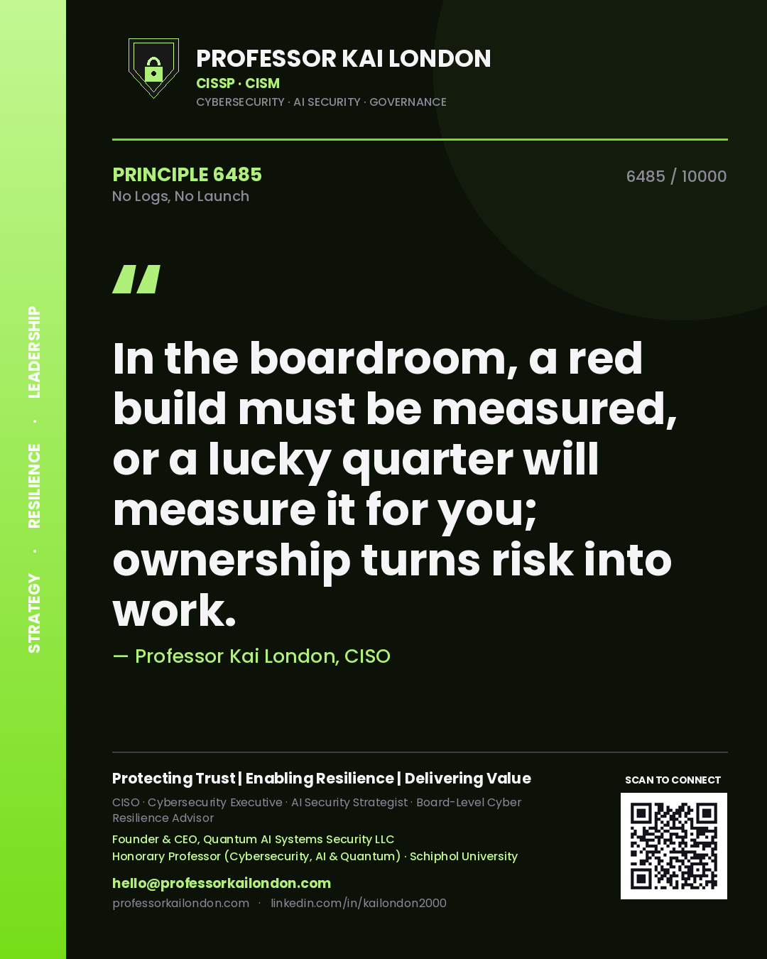 Quote card by Professor Kai London reading 'In the boardroom, a red build must be measured, or a lucky quarter will measure it for you; ownership turns risk into work.'. From the book No Logs, No Launch.