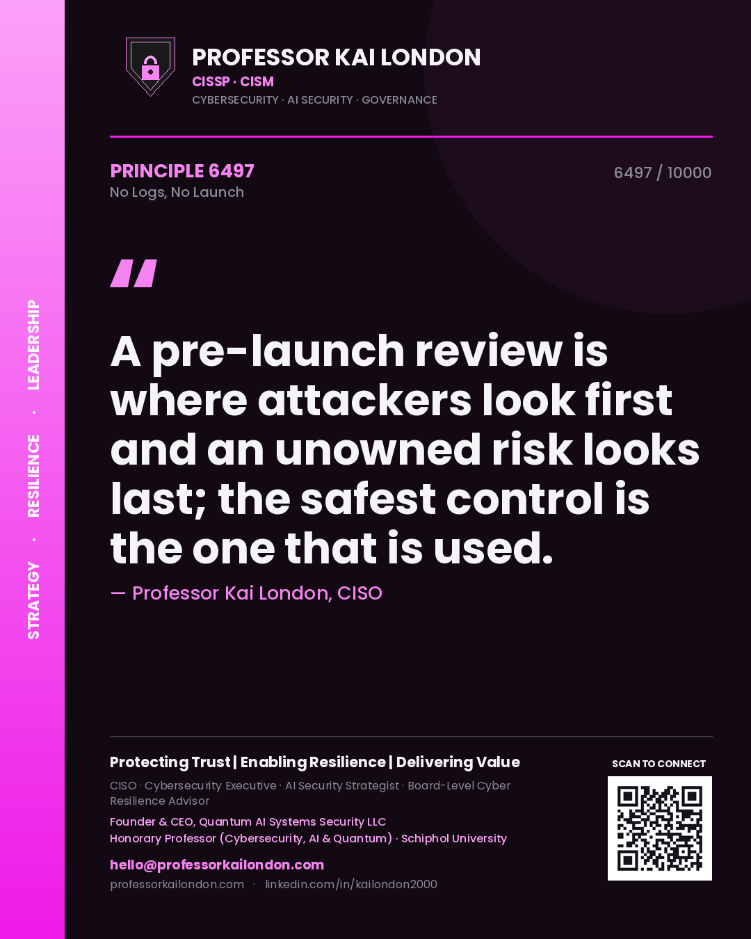 Professor Kai London principle 6497: A pre-launch review is where attackers look first and an unowned risk looks last; the safest control is the one that is used.