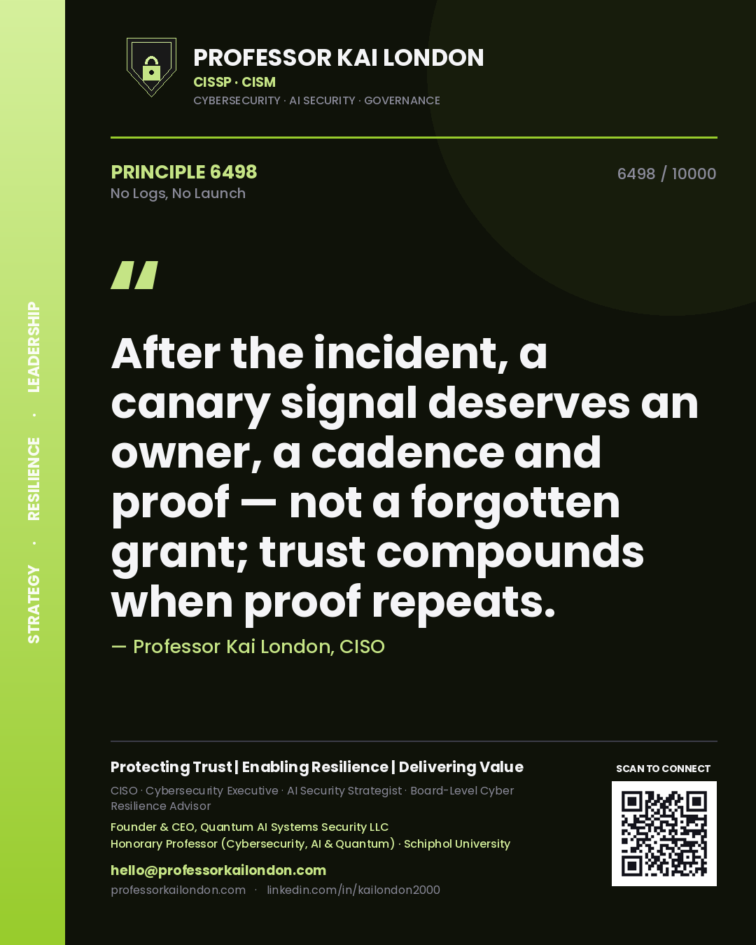 Quote card by Professor Kai London reading 'After the incident, a canary signal deserves an owner, a cadence and proof — not a forgotten grant; trust compounds when proof repeats.'. From the book No Logs, No Launch.