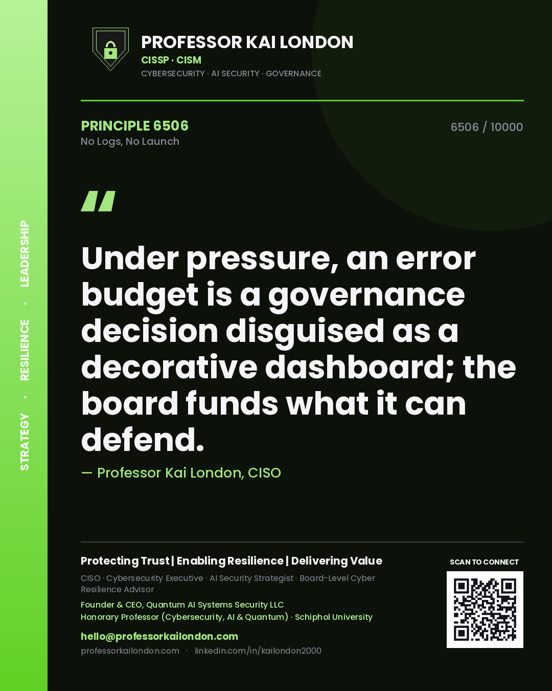 Professor Kai London principle 6506: Under pressure, an error budget is a governance decision disguised as a decorative dashboard; the board funds what it can defend.