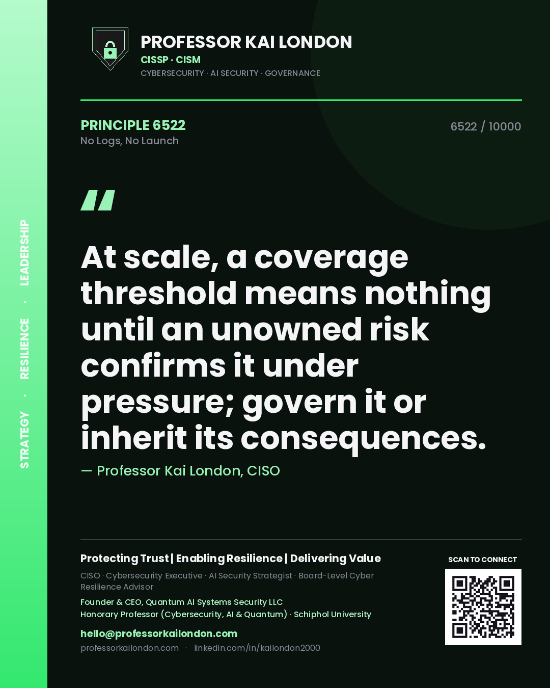 Professor Kai London principle 6522: At scale, a coverage threshold means nothing until an unowned risk confirms it under pressure; govern it or inherit its consequences.