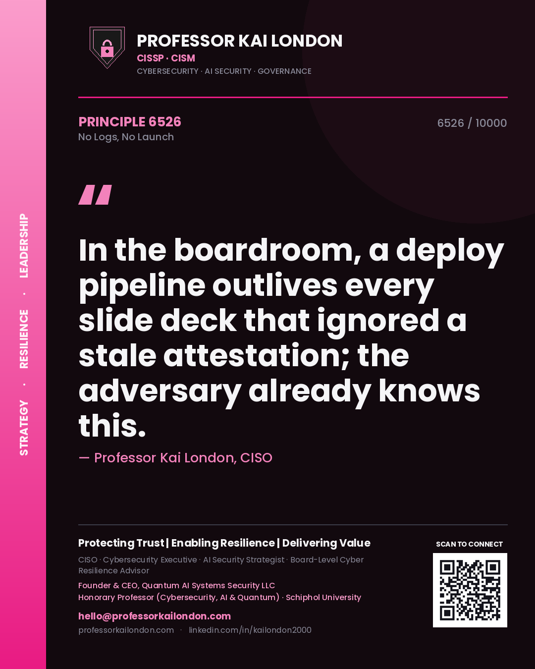 Quote card by Professor Kai London reading 'In the boardroom, a deploy pipeline outlives every slide deck that ignored a stale attestation; the adversary already knows this.'. From the book No Logs, No Launch.