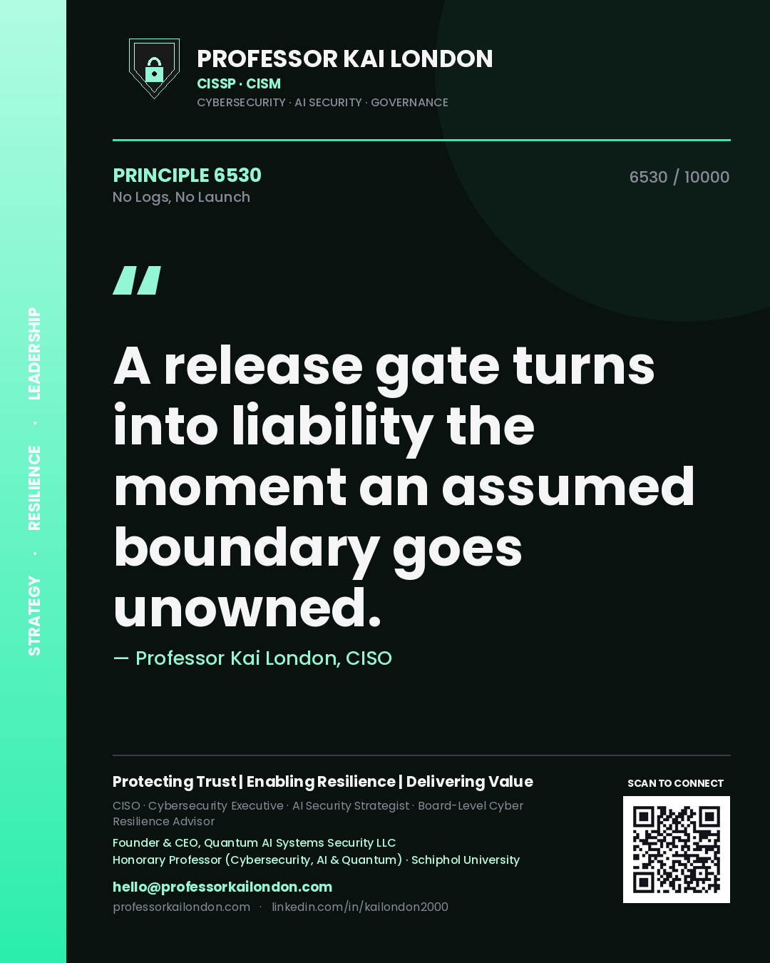 Quote card by Professor Kai London reading 'A release gate turns into liability the moment an assumed boundary goes unowned.'. From the book No Logs, No Launch.