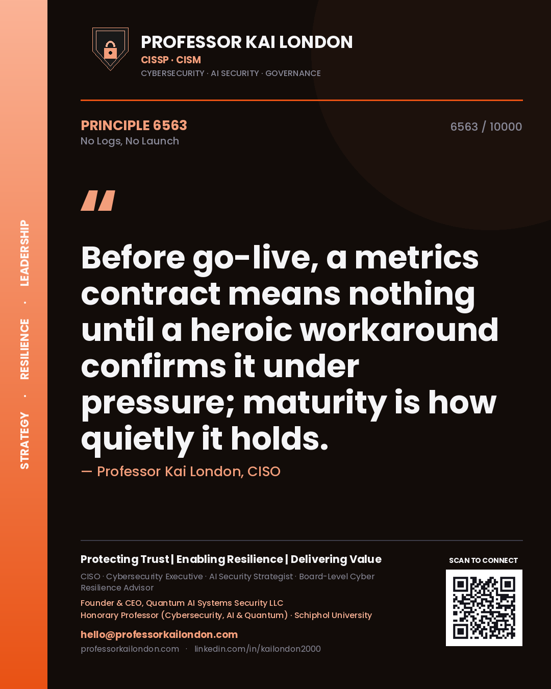 Professor Kai London principle 6563: Before go-live, a metrics contract means nothing until a heroic workaround confirms it under pressure; maturity is how quietly it holds.