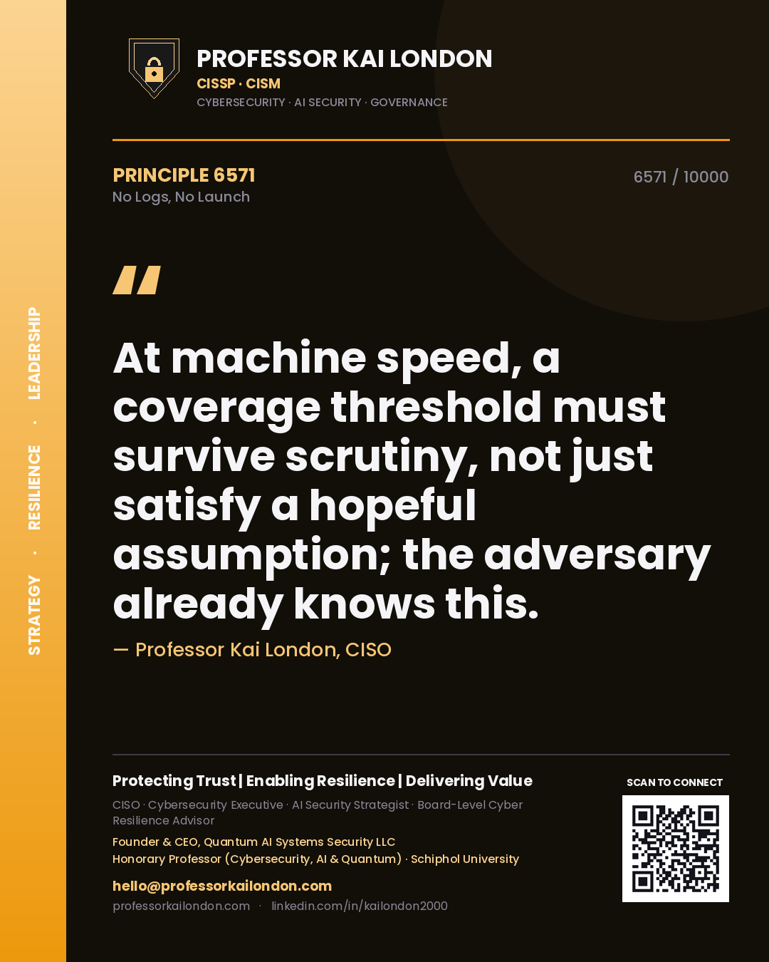 Quote card by Professor Kai London reading 'At machine speed, a coverage threshold must survive scrutiny, not just satisfy a hopeful assumption; the adversary already knows this.'. From the book No Logs, No Launch.