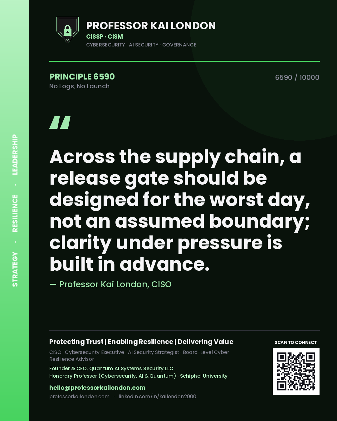Quote card by Professor Kai London reading 'Across the supply chain, a release gate should be designed for the worst day, not an assumed boundary; clarity under pressure is built in advance.'. From the book No Logs, No Launch.