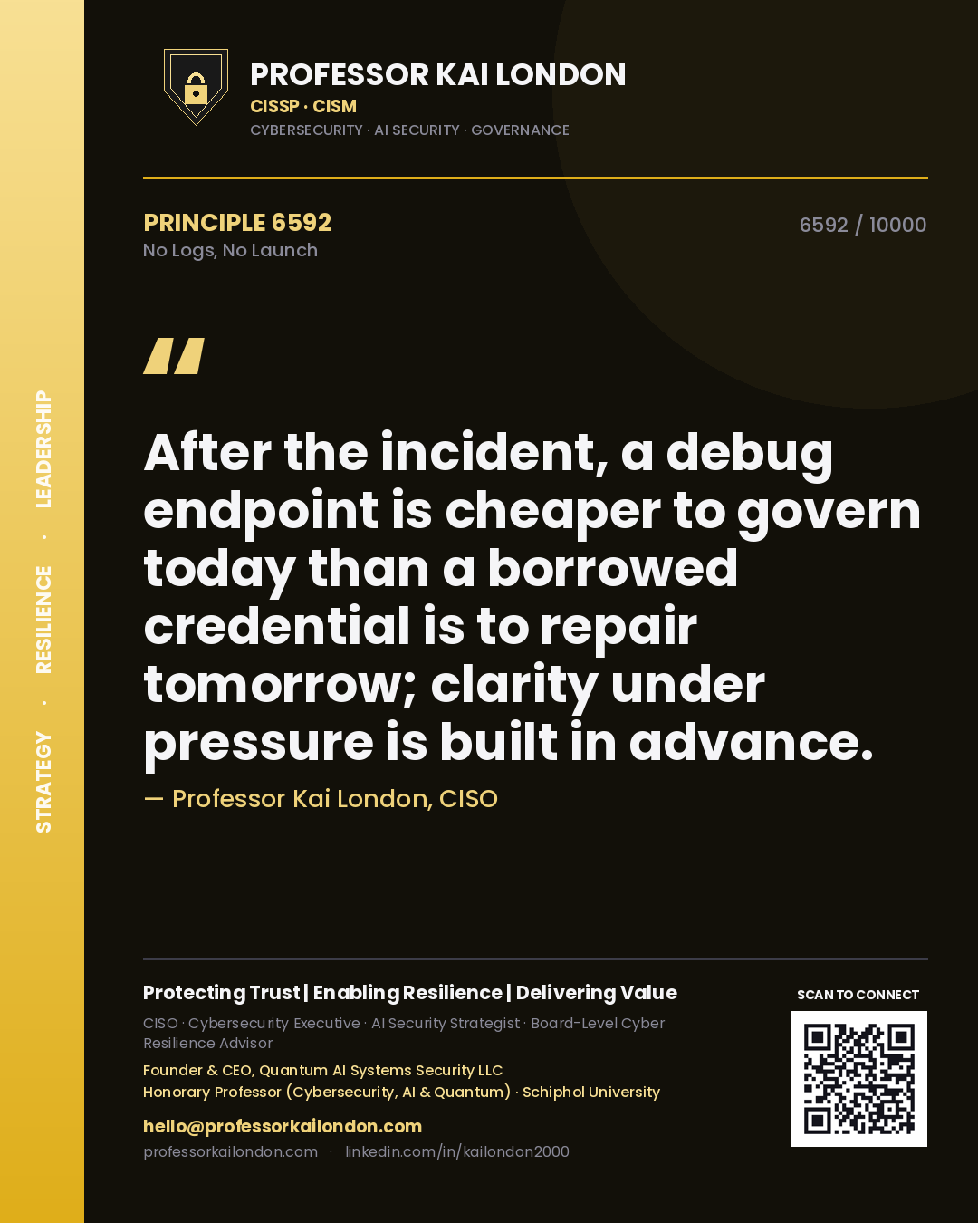 Professor Kai London principle 6592: After the incident, a debug endpoint is cheaper to govern today than a borrowed credential is to repair tomorrow; clarity under pressure is built in advance.