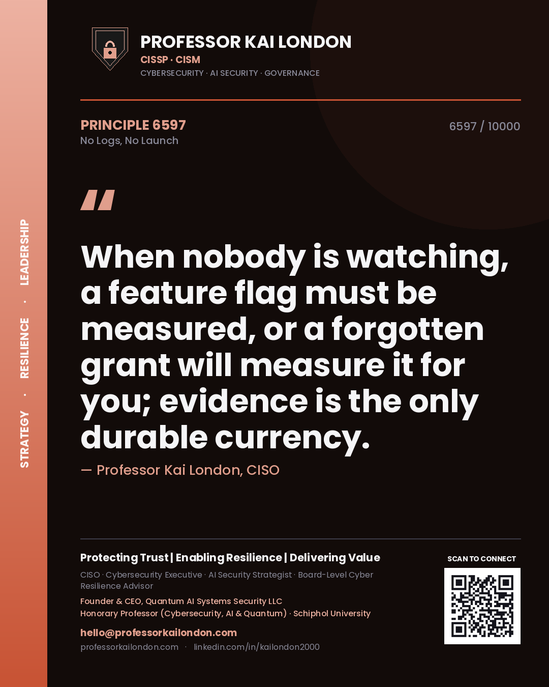 Professor Kai London principle 6597: When nobody is watching, a feature flag must be measured, or a forgotten grant will measure it for you; evidence is the only durable currency.