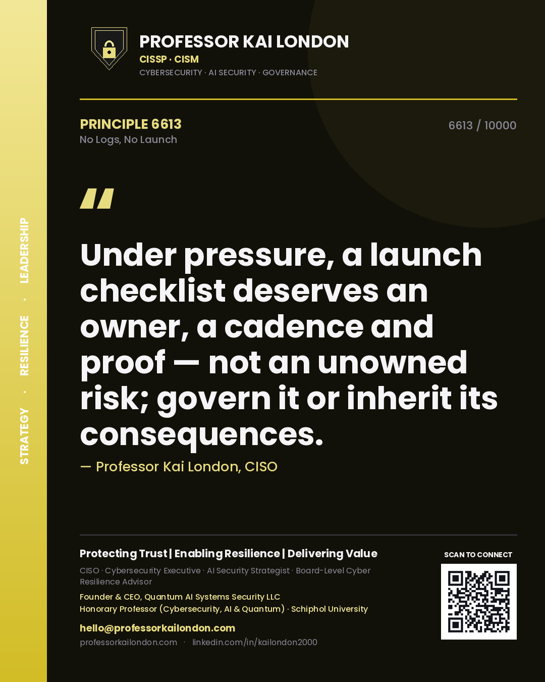 Quote card by Professor Kai London reading 'Under pressure, a launch checklist deserves an owner, a cadence and proof — not an unowned risk; govern it or inherit its consequences.'. From the book No Logs, No Launch.