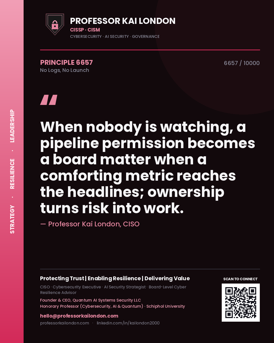 Quote card by Professor Kai London reading 'When nobody is watching, a pipeline permission becomes a board matter when a comforting metric reaches the headlines; ownership turns risk into work.'. From the book No Logs, No Launch.