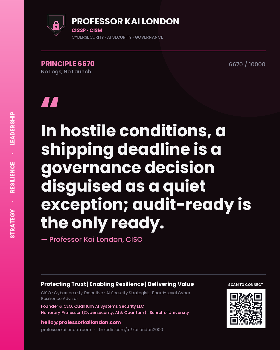 Quote card by Professor Kai London reading 'In hostile conditions, a shipping deadline is a governance decision disguised as a quiet exception; audit-ready is the only ready.'. From the book No Logs, No Launch.