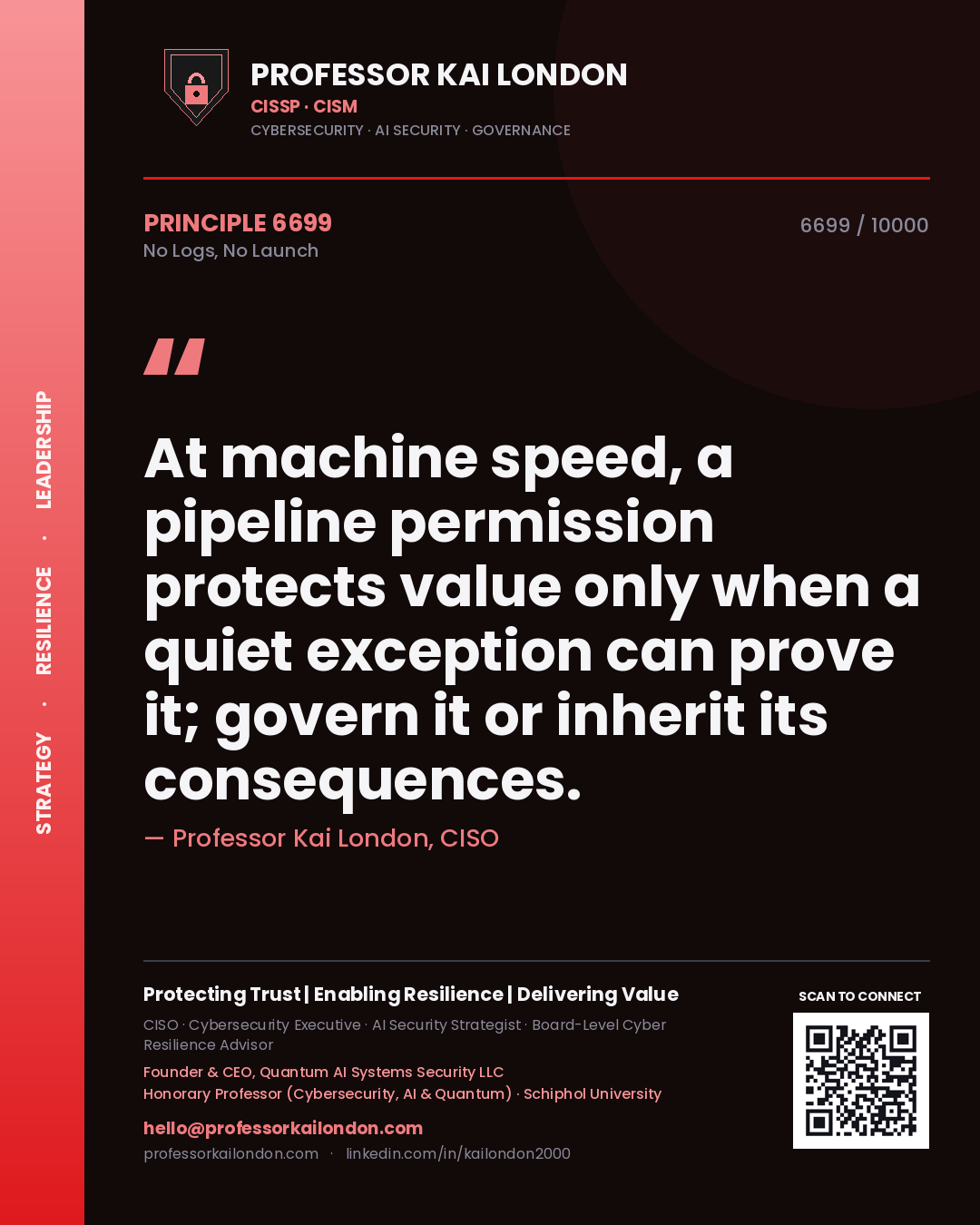 Quote card by Professor Kai London reading 'At machine speed, a pipeline permission protects value only when a quiet exception can prove it; govern it or inherit its consequences.'. From the book No Logs, No Launch.
