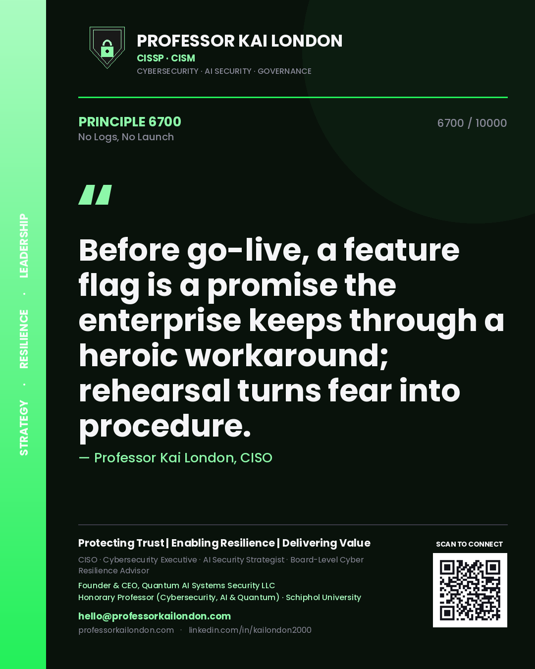 Professor Kai London principle 6700: Before go-live, a feature flag is a promise the enterprise keeps through a heroic workaround; rehearsal turns fear into procedure.