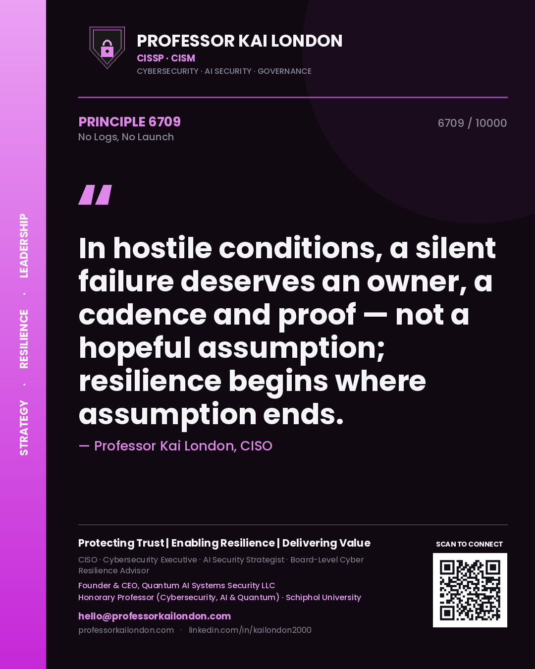 Professor Kai London principle 6709: In hostile conditions, a silent failure deserves an owner, a cadence and proof — not a hopeful assumption; resilience begins where assumption ends.