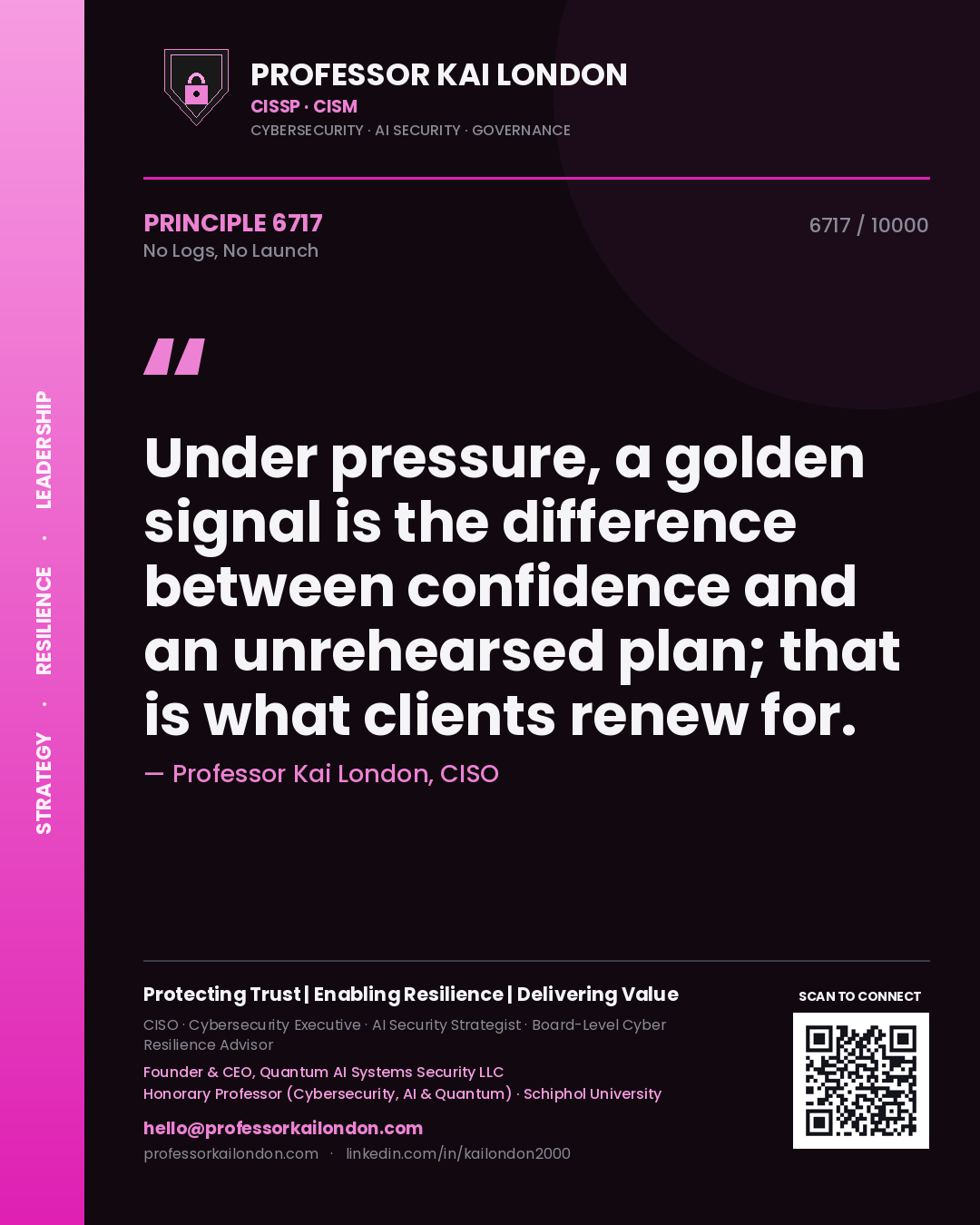 Quote card by Professor Kai London reading 'Under pressure, a golden signal is the difference between confidence and an unrehearsed plan; that is what clients renew for.'. From the book No Logs, No Launch.