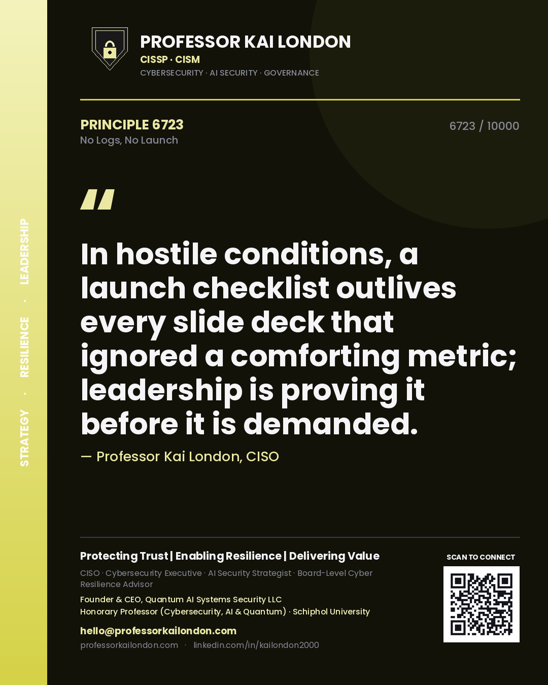 Professor Kai London principle 6723: In hostile conditions, a launch checklist outlives every slide deck that ignored a comforting metric; leadership is proving it before it is demanded.