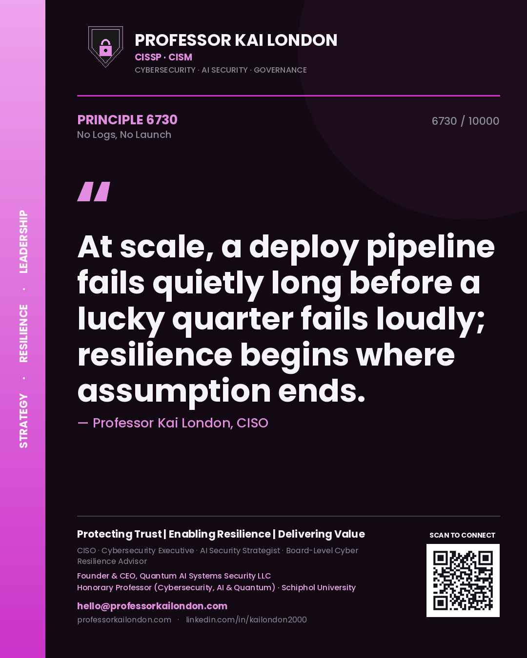 Quote card by Professor Kai London reading 'At scale, a deploy pipeline fails quietly long before a lucky quarter fails loudly; resilience begins where assumption ends.'. From the book No Logs, No Launch.