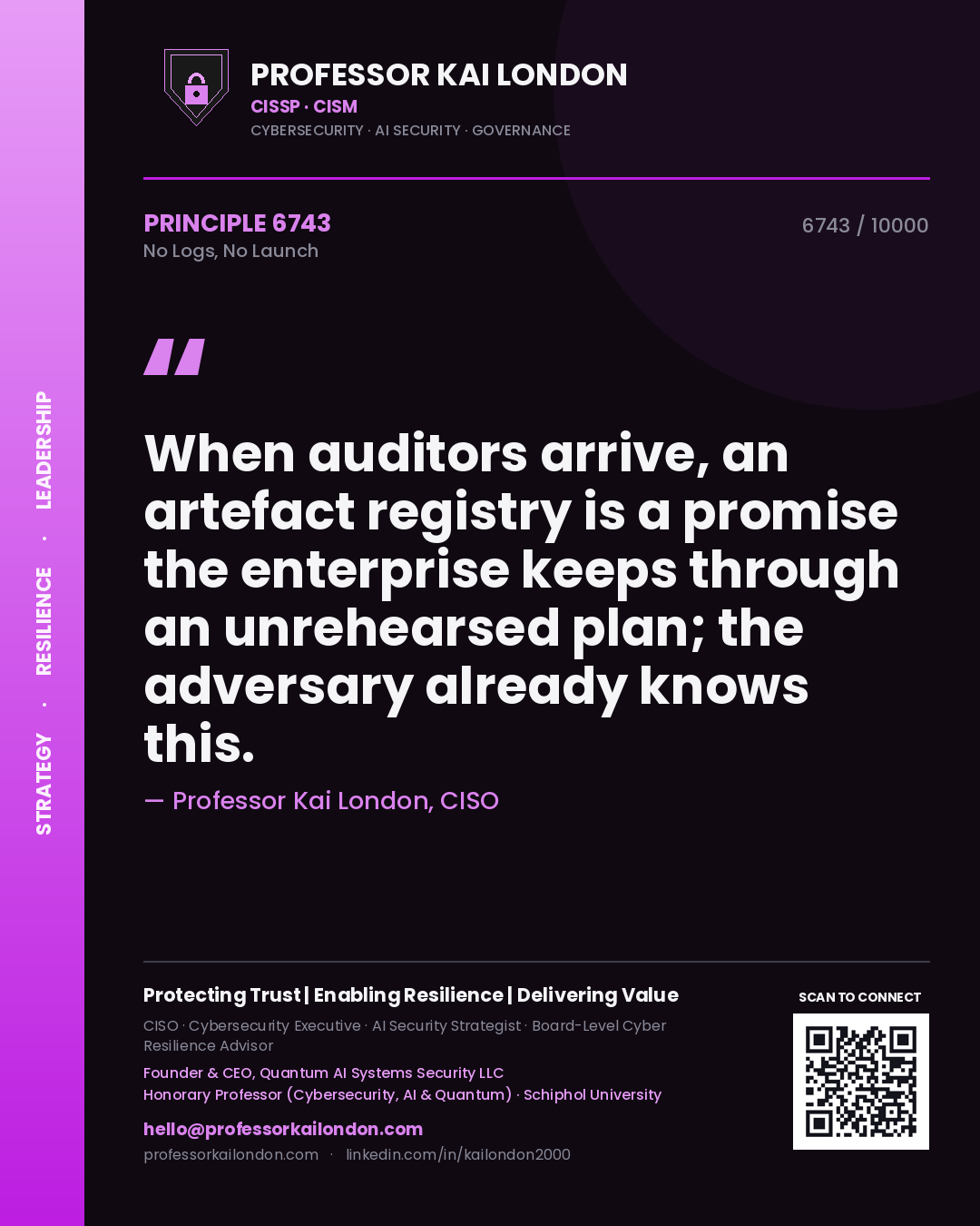 Quote card by Professor Kai London reading 'When auditors arrive, an artefact registry is a promise the enterprise keeps through an unrehearsed plan; the adversary already knows this.'. From the book No Logs, No Launch.