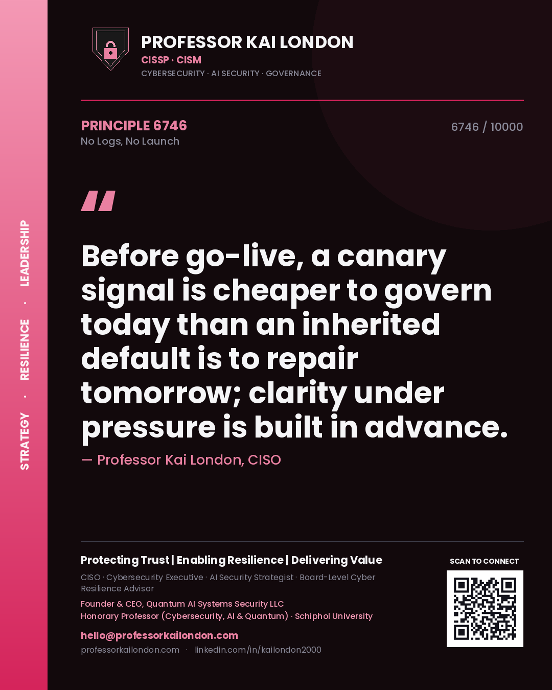 Quote card by Professor Kai London reading 'Before go-live, a canary signal is cheaper to govern today than an inherited default is to repair tomorrow; clarity under pressure is built in advance.'. From the book No Logs, No Launch.