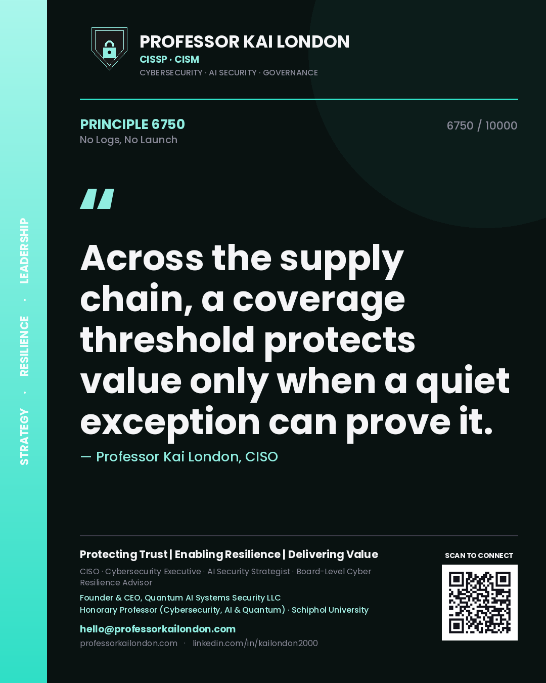 Quote card by Professor Kai London reading 'Across the supply chain, a coverage threshold protects value only when a quiet exception can prove it.'. From the book No Logs, No Launch.