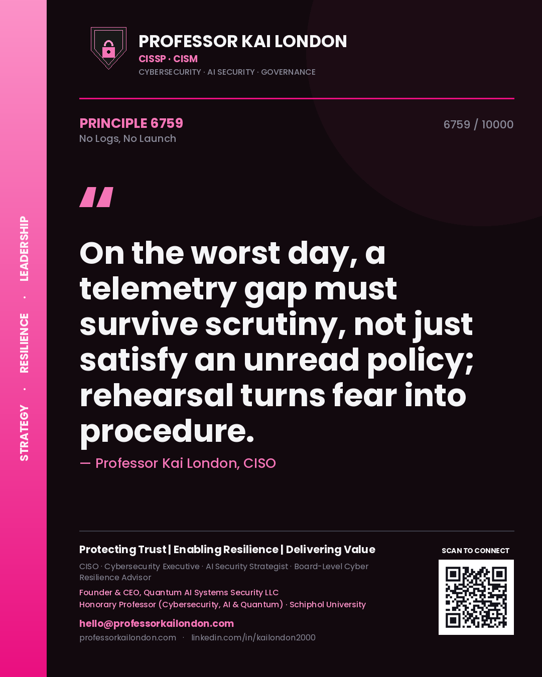 Quote card by Professor Kai London reading 'On the worst day, a telemetry gap must survive scrutiny, not just satisfy an unread policy; rehearsal turns fear into procedure.'. From the book No Logs, No Launch.