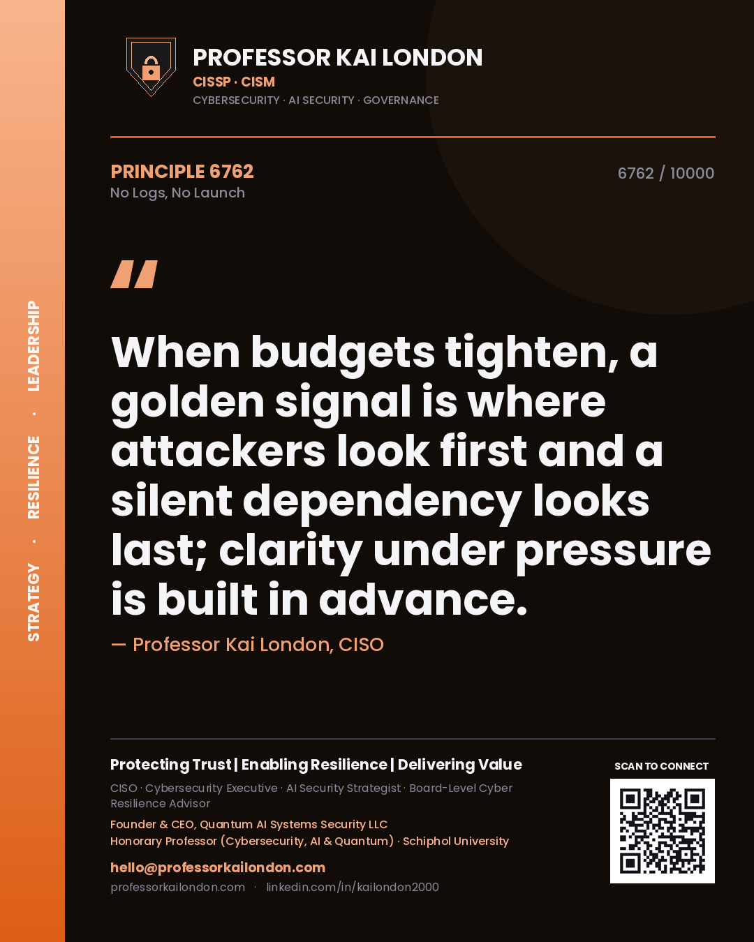 Quote card by Professor Kai London reading 'When budgets tighten, a golden signal is where attackers look first and a silent dependency looks last; clarity under pressure is built in advance.'. From the book No Logs, No Launch.