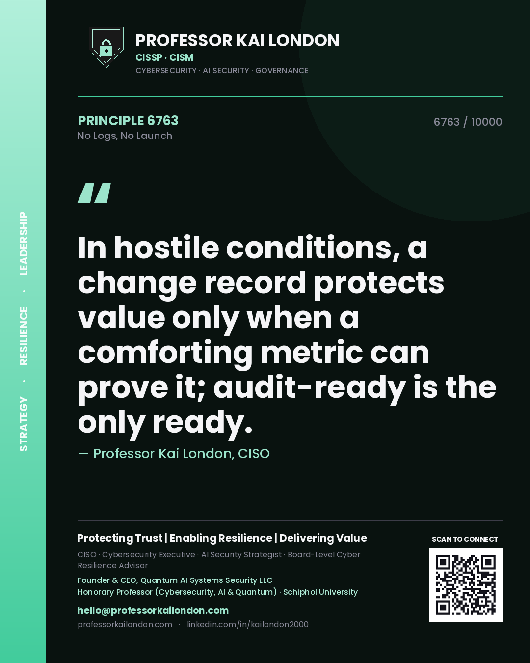 Quote card by Professor Kai London reading 'In hostile conditions, a change record protects value only when a comforting metric can prove it; audit-ready is the only ready.'. From the book No Logs, No Launch.
