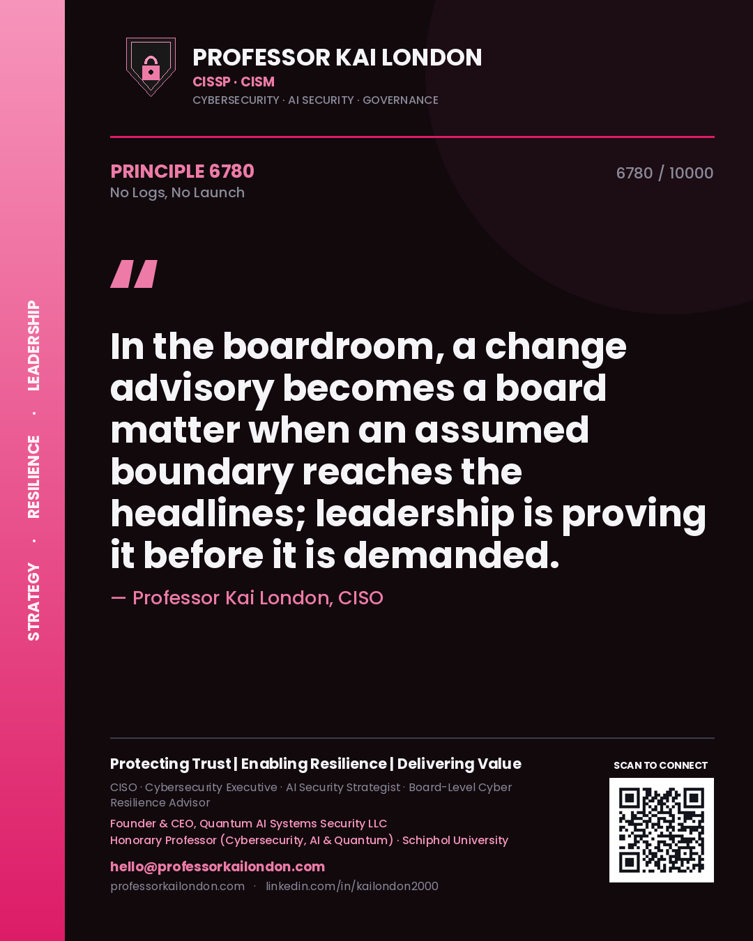 Quote card by Professor Kai London reading 'In the boardroom, a change advisory becomes a board matter when an assumed boundary reaches the headlines; leadership is proving it before it is demanded.'. From the book No Logs, No Launch.