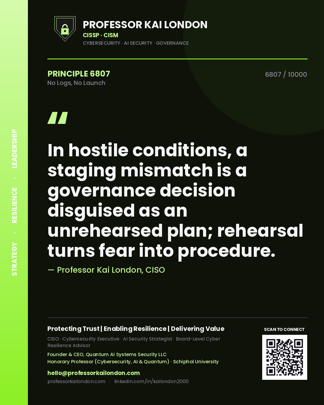 Professor Kai London principle 6807: In hostile conditions, a staging mismatch is a governance decision disguised as an unrehearsed plan; rehearsal turns fear into procedure.