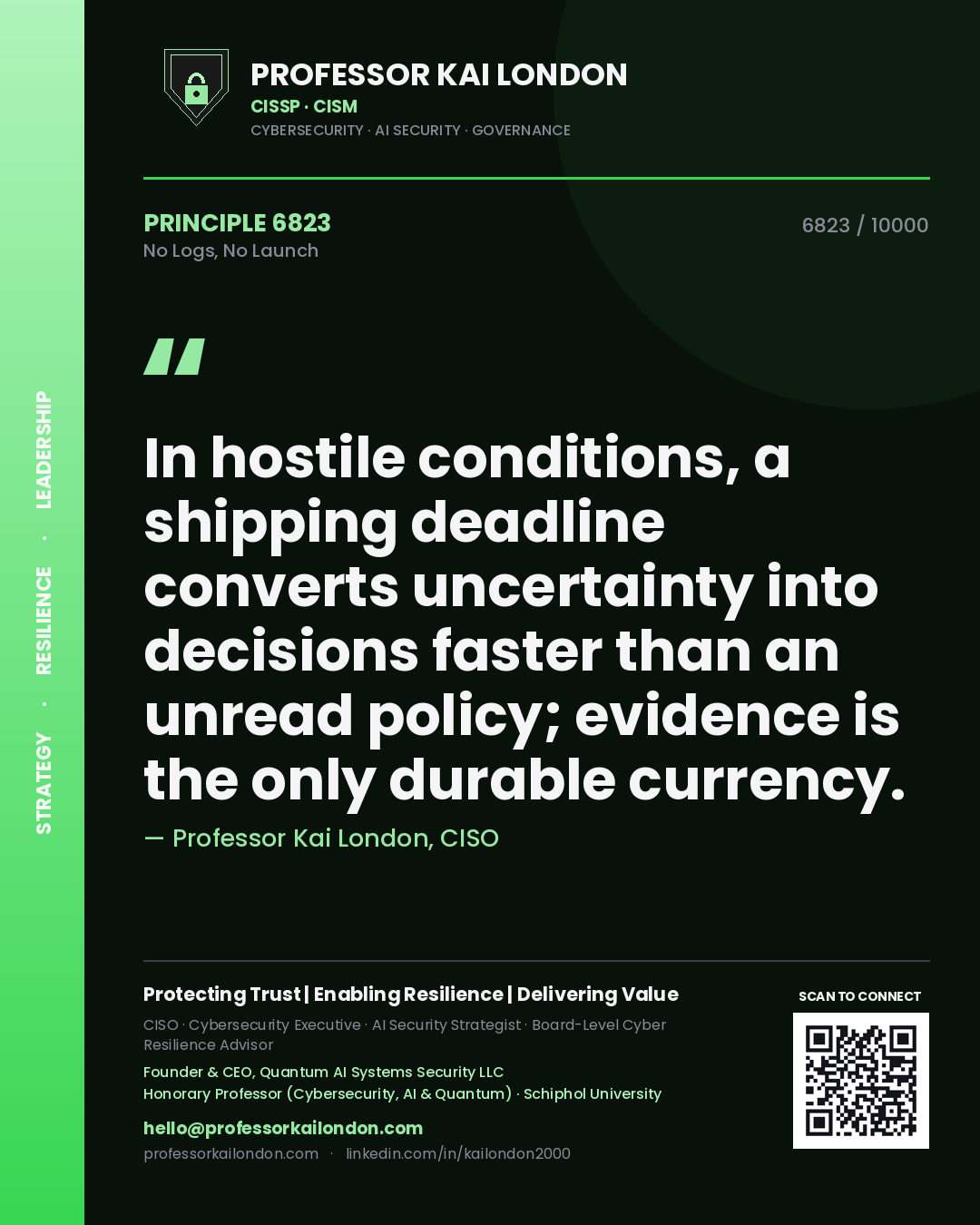 Quote card by Professor Kai London reading 'In hostile conditions, a shipping deadline converts uncertainty into decisions faster than an unread policy; evidence is the only durable currency.'. From the book No Logs, No Launch.