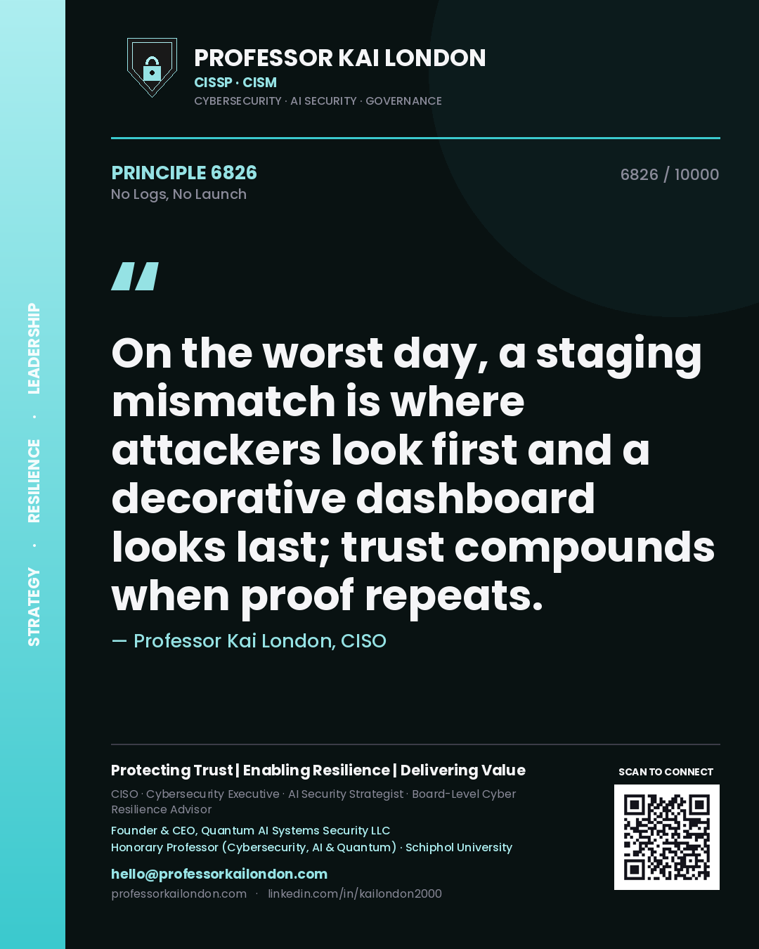 Quote card by Professor Kai London reading 'On the worst day, a staging mismatch is where attackers look first and a decorative dashboard looks last; trust compounds when proof repeats.'. From the book No Logs, No Launch.