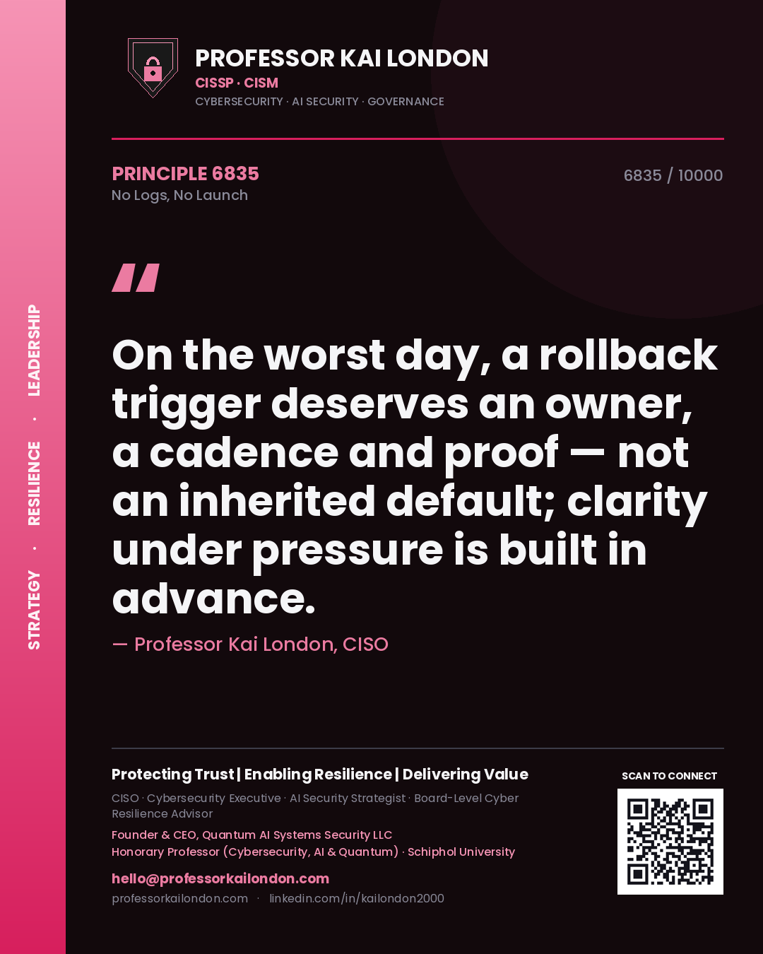 Quote card by Professor Kai London reading 'On the worst day, a rollback trigger deserves an owner, a cadence and proof — not an inherited default; clarity under pressure is built in advance.'. From the book No Logs, No Launch.