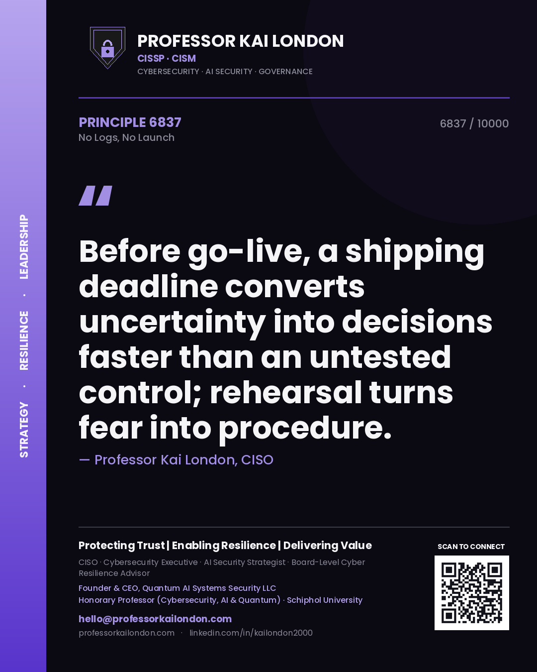 Quote card by Professor Kai London reading 'Before go-live, a shipping deadline converts uncertainty into decisions faster than an untested control; rehearsal turns fear into procedure.'. From the book No Logs, No Launch.