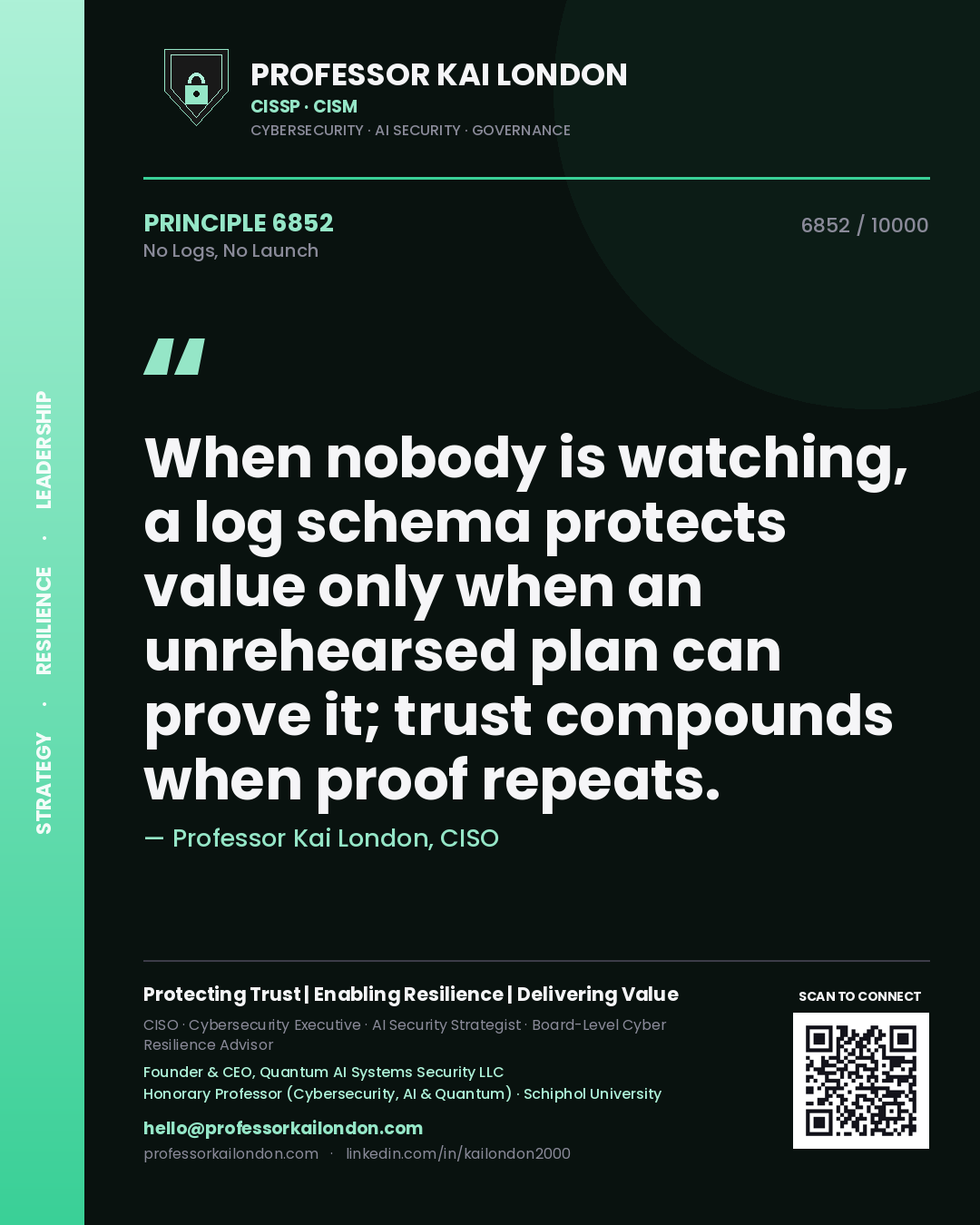 Quote card by Professor Kai London reading 'When nobody is watching, a log schema protects value only when an unrehearsed plan can prove it; trust compounds when proof repeats.'. From the book No Logs, No Launch.