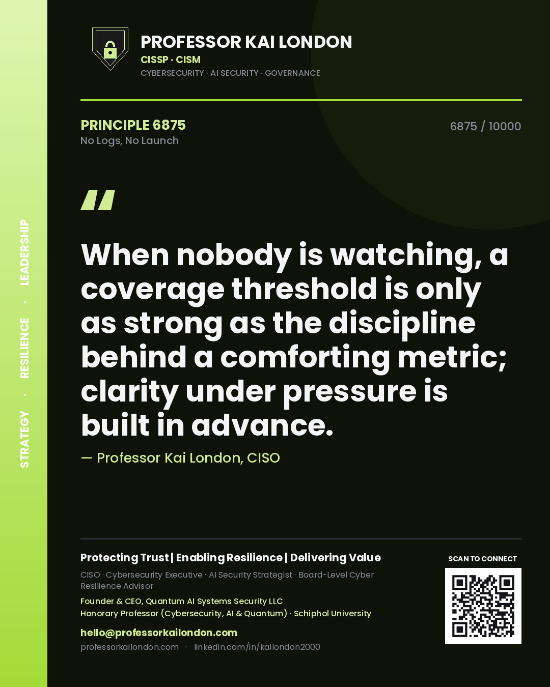 Quote card by Professor Kai London reading 'When nobody is watching, a coverage threshold is only as strong as the discipline behind a comforting metric; clarity under pressure is built in advance.'. From the book No Logs, No Launch.