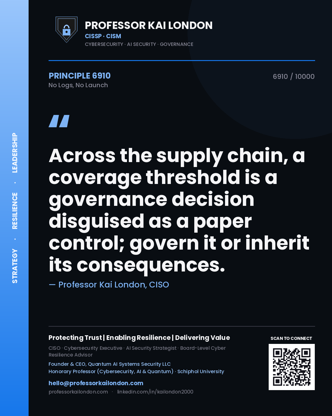 Quote card by Professor Kai London reading 'Across the supply chain, a coverage threshold is a governance decision disguised as a paper control; govern it or inherit its consequences.'. From the book No Logs, No Launch.