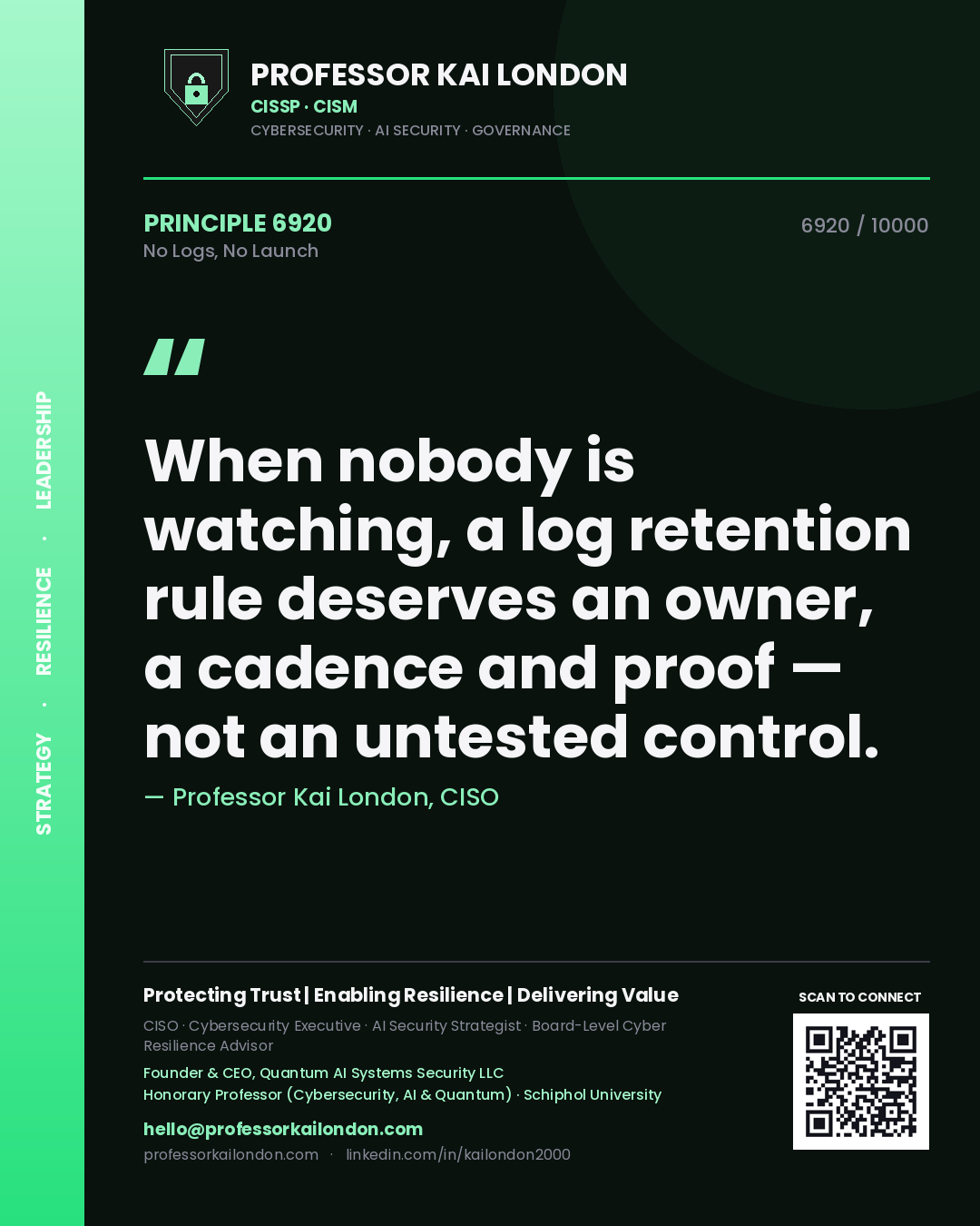 Professor Kai London principle 6920: When nobody is watching, a log retention rule deserves an owner, a cadence and proof — not an untested control.