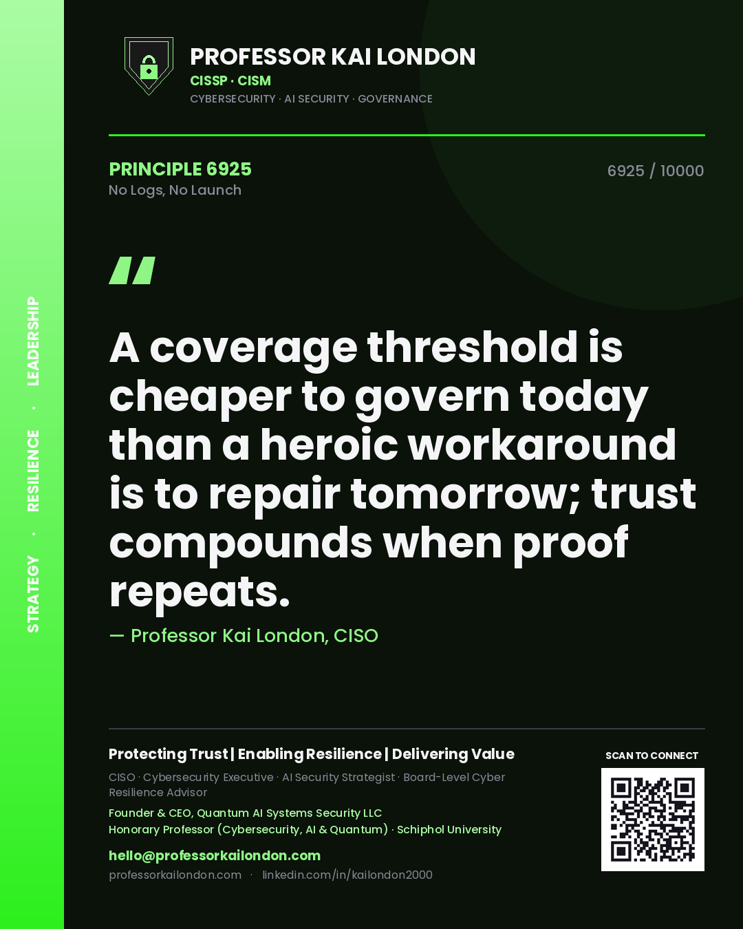 Professor Kai London principle 6925: A coverage threshold is cheaper to govern today than a heroic workaround is to repair tomorrow; trust compounds when proof repeats.