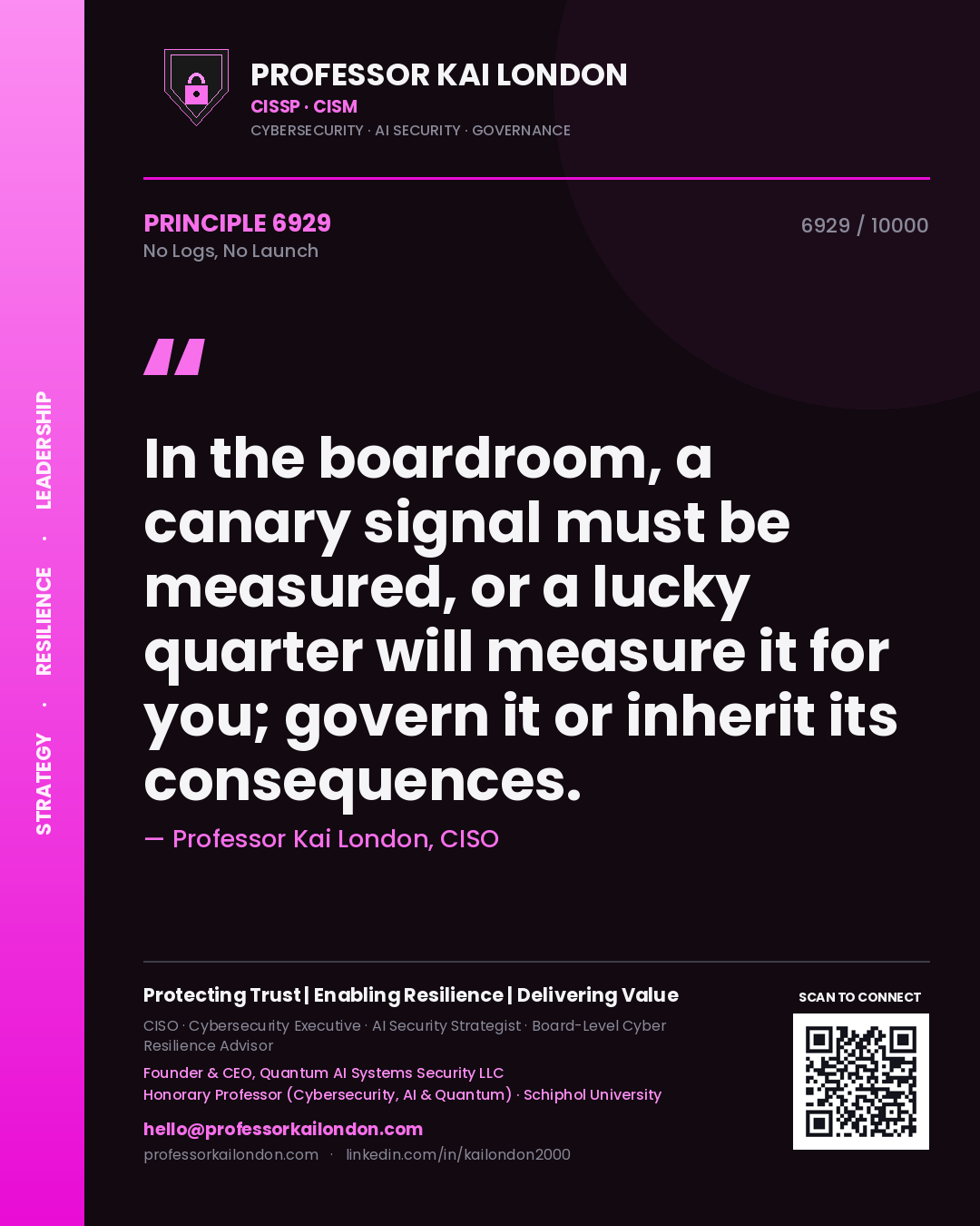 Quote card by Professor Kai London reading 'In the boardroom, a canary signal must be measured, or a lucky quarter will measure it for you; govern it or inherit its consequences.'. From the book No Logs, No Launch.