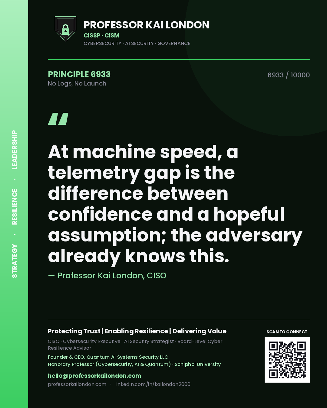 Quote card by Professor Kai London reading 'At machine speed, a telemetry gap is the difference between confidence and a hopeful assumption; the adversary already knows this.'. From the book No Logs, No Launch.