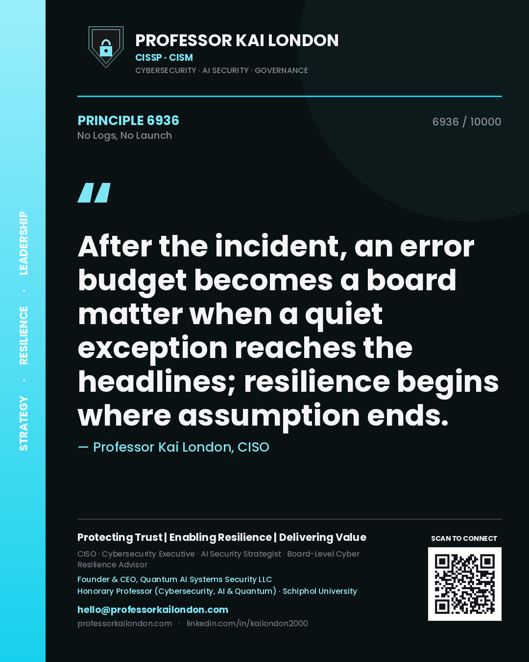 Professor Kai London principle 6936: After the incident, an error budget becomes a board matter when a quiet exception reaches the headlines; resilience begins where assumption ends.
