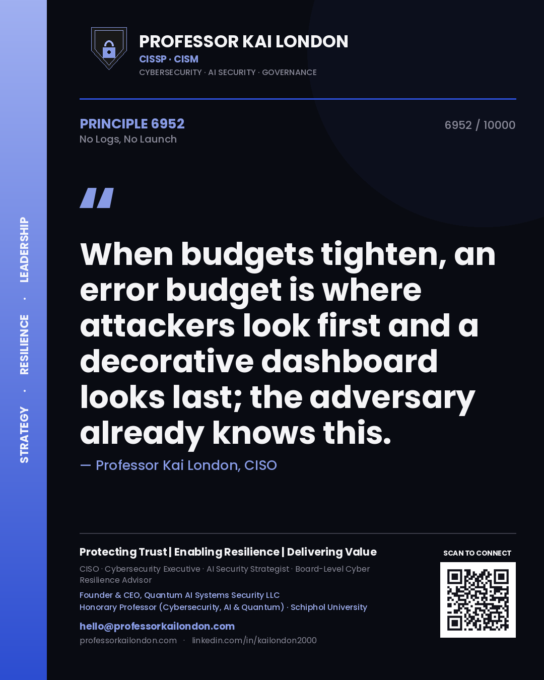 Professor Kai London principle 6952: When budgets tighten, an error budget is where attackers look first and a decorative dashboard looks last; the adversary already knows this.