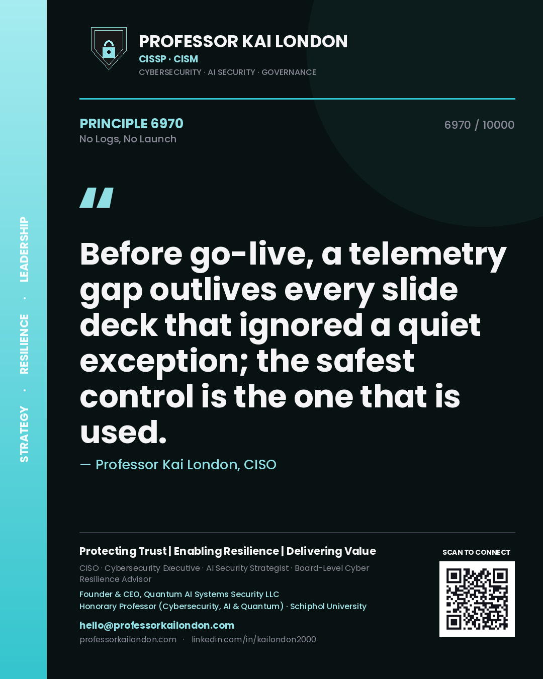 Quote card by Professor Kai London reading 'Before go-live, a telemetry gap outlives every slide deck that ignored a quiet exception; the safest control is the one that is used.'. From the book No Logs, No Launch.